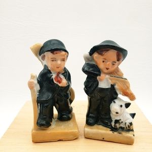 Vintage Japan Violinist Boys Ceramic Figurines Musicians w Hats Violin & Dog ~ 2